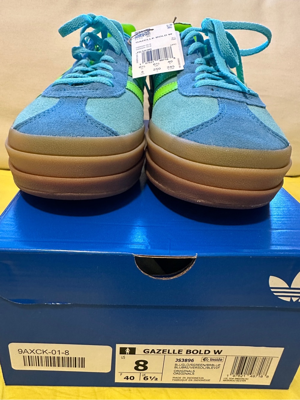 adidas Gazelle Bold Sneakers in Blue and Green suede new in box
